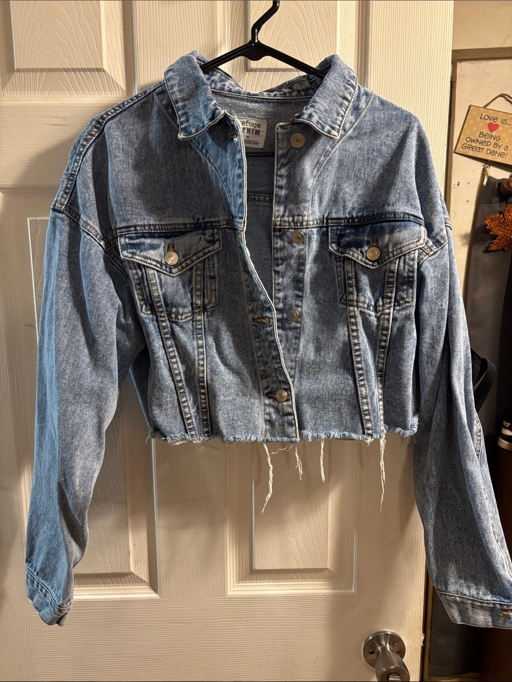 refuge Light Blue Cropped Denim Jacket with Raw Hem